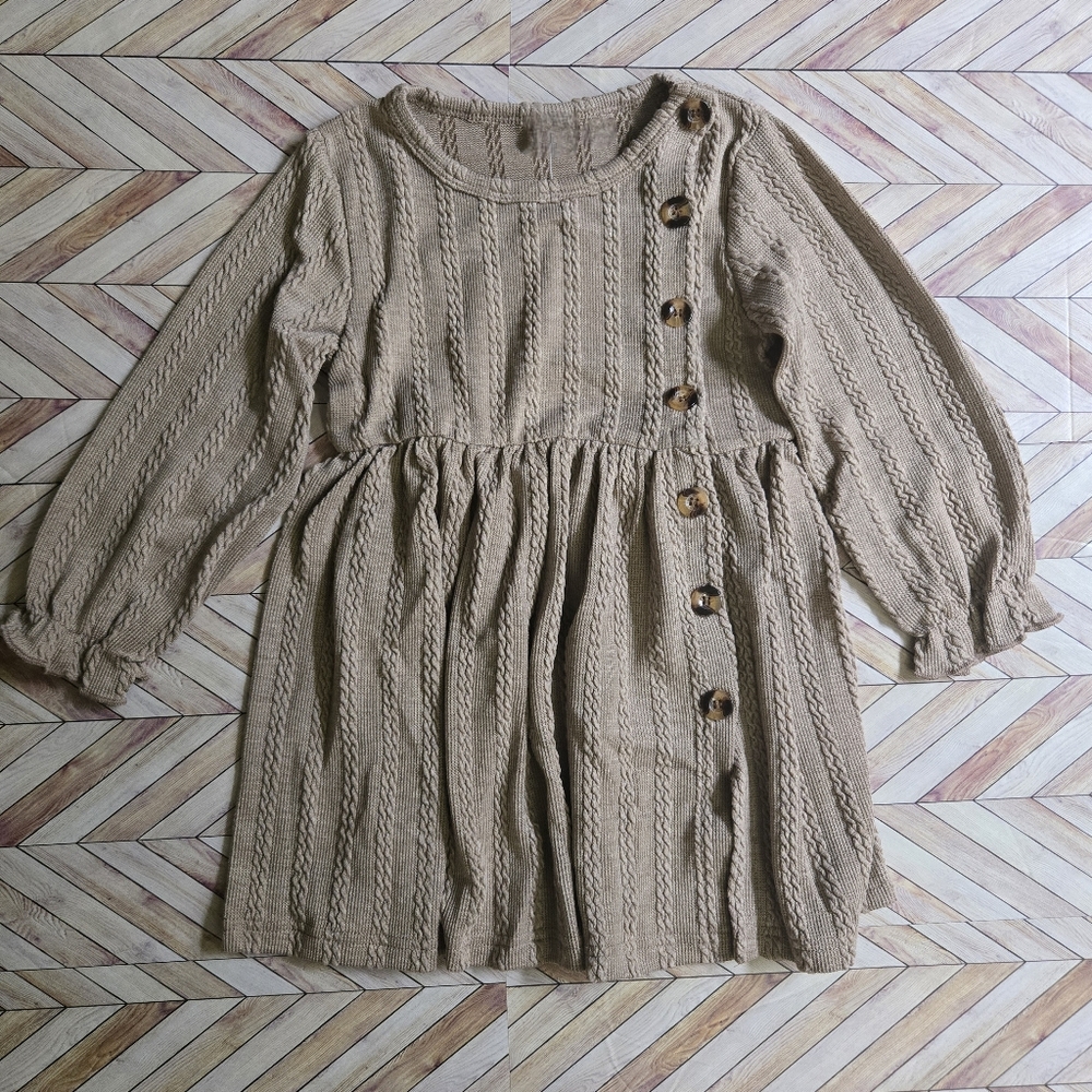 Girls Cottagecore Cable Knit Sweater Dress Button-Side Long Sleeve Ruffle Cuff - Picture 2 of 9